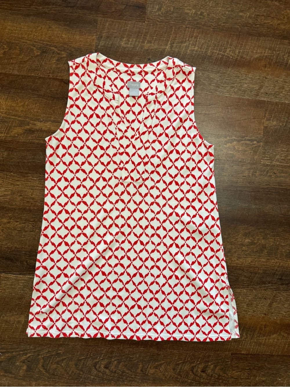 Chico’s Sleeveless Tunic Top Size 1 (Med) Red White Geometric Print Pima Cotton